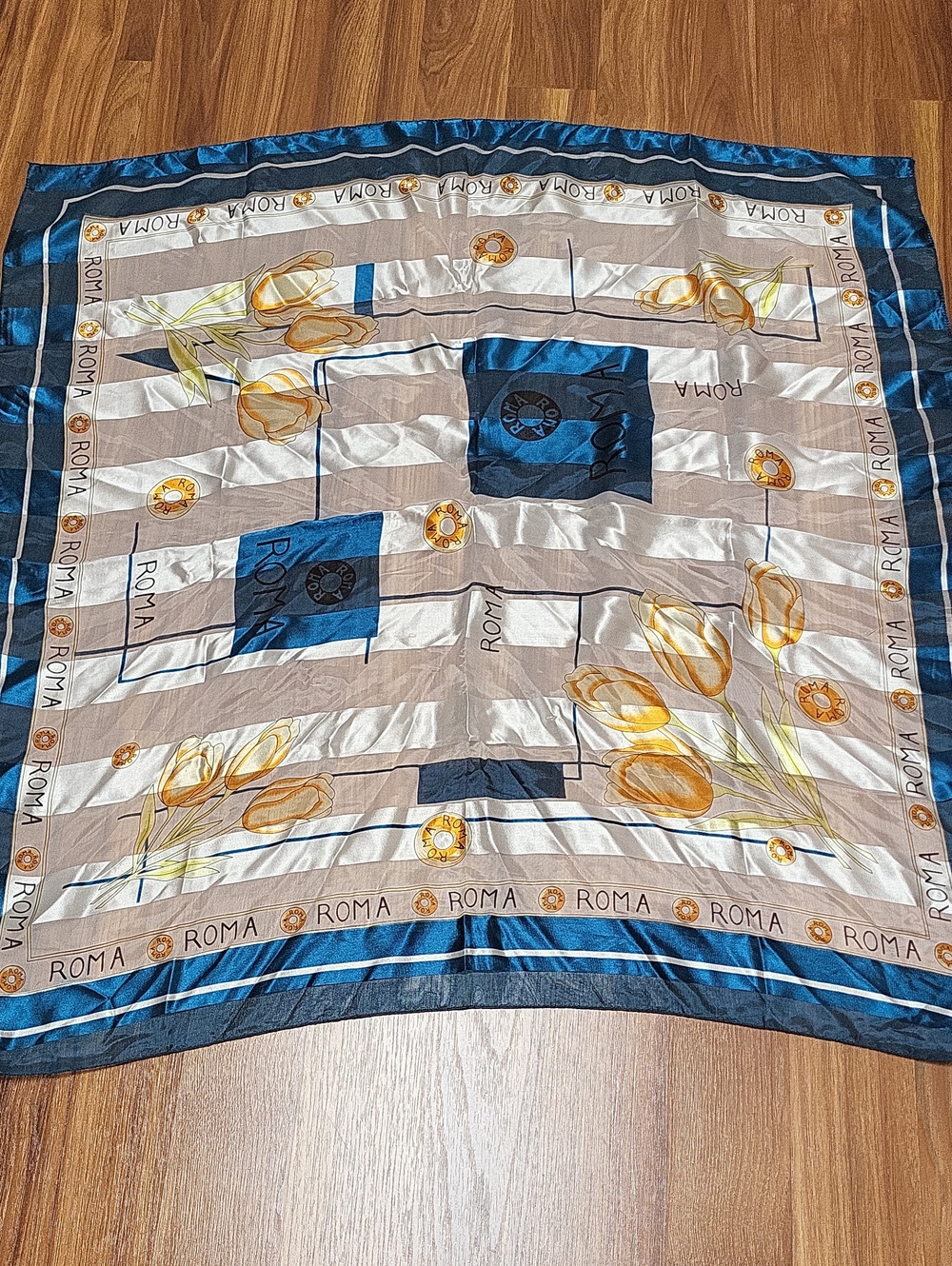 Roma Blue, Beige and Yellow Floral Silk-Feel Scarf